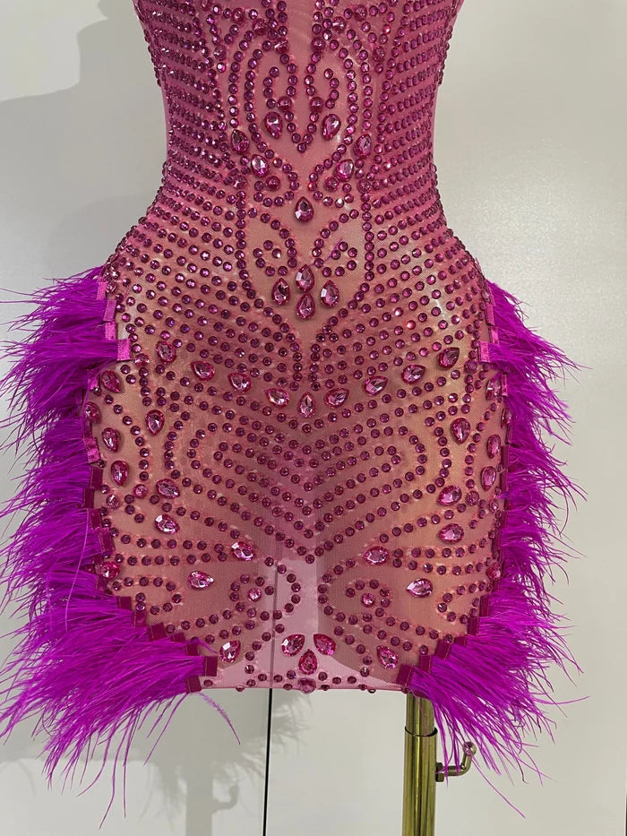 Stand out in the Nina hot pink rhinestone feather bodycon mini dress. Perfect for birthdays, nightclubs, stage performances, and parties.