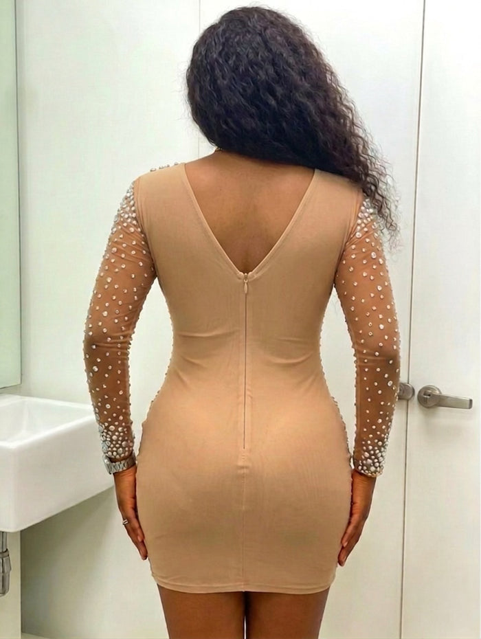 Back view of nude rhinestone mesh mini dress showing fitted silhouette and zip closure