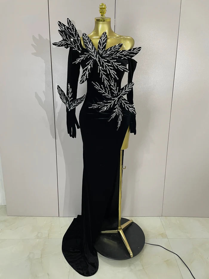 Shiny diamond velvet side slit long dress with gloves – elegant women’s evening gown for birthday, banquet, nightclub, and stage hosting.