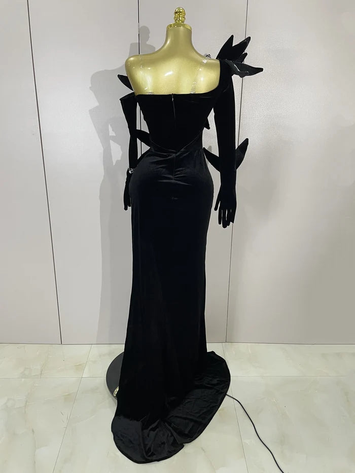 Shiny diamond velvet side slit long dress with gloves – elegant women’s evening gown for birthday, banquet, nightclub, and stage hosting.