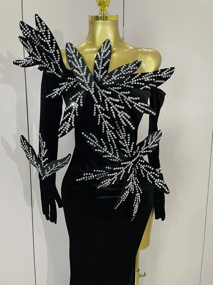 Shiny diamond velvet side slit long dress with gloves – elegant women’s evening gown for birthday, banquet, nightclub, and stage hosting.