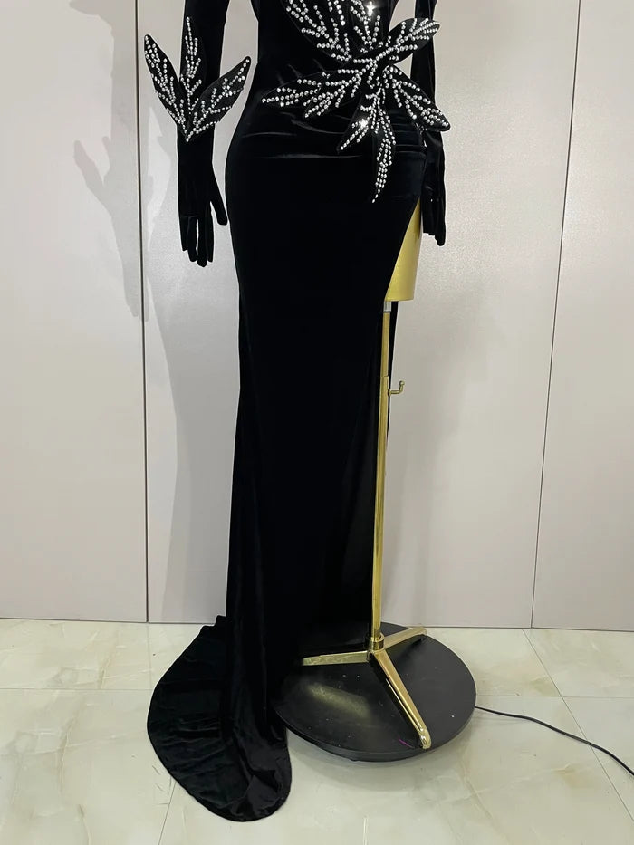 Shiny diamond velvet side slit long dress with gloves – elegant women’s evening gown for birthday, banquet, nightclub, and stage hosting.