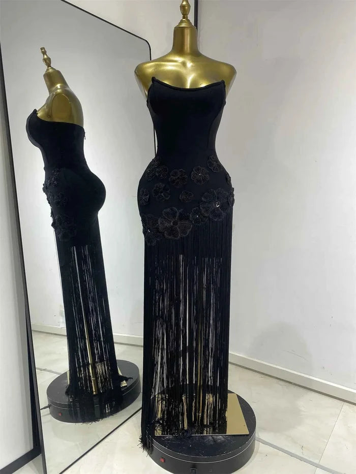 Octavia Black Strapless Beaded Flower Fringe Dress