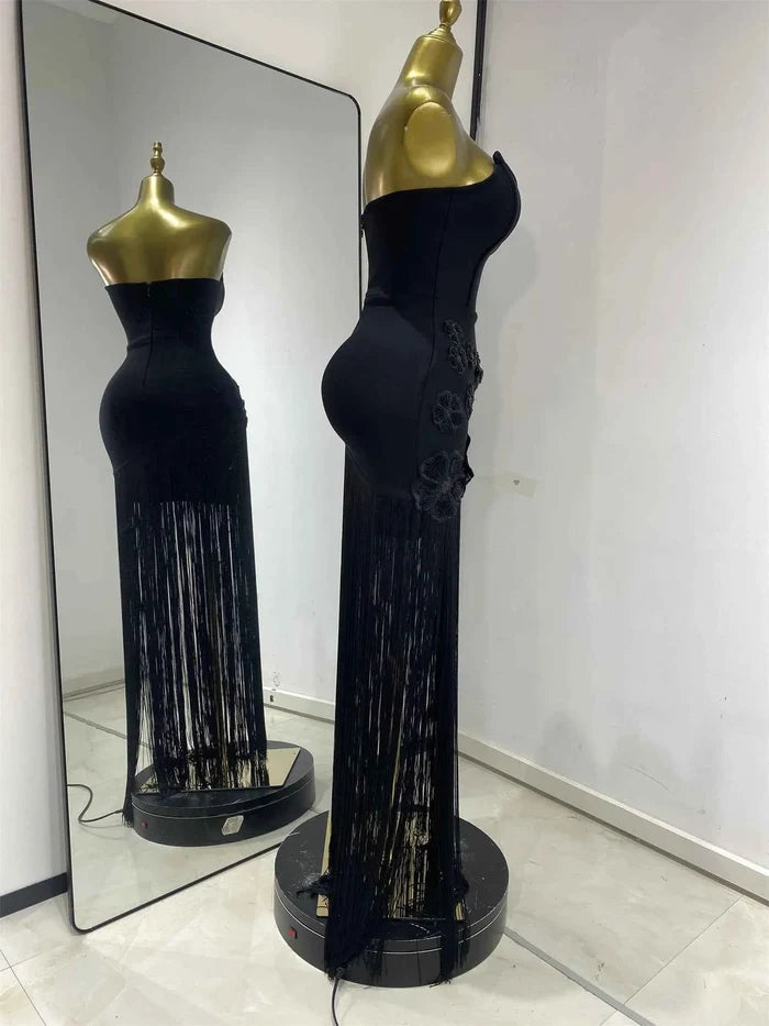 Octavia Black Strapless Beaded Flower Fringe Dress