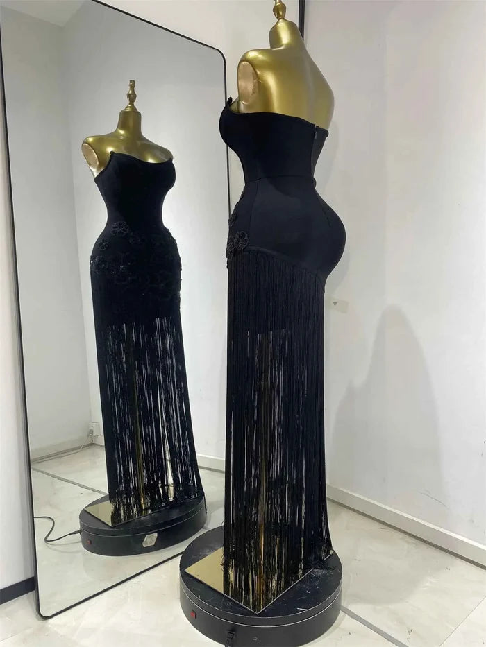 Octavia Black Strapless Beaded Flower Fringe Dress