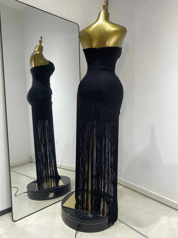 Octavia Black Strapless Beaded Flower Fringe Dress
