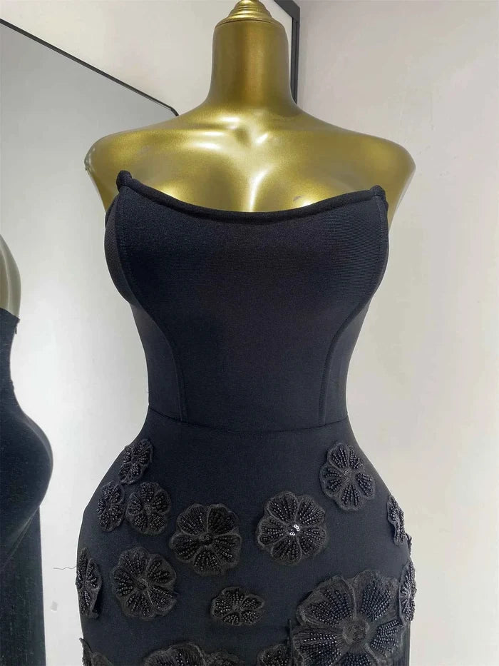 Octavia Black Strapless Beaded Flower Fringe Dress