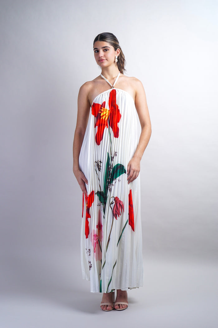 Off White Printed Braid String Halter Pleated Dress
