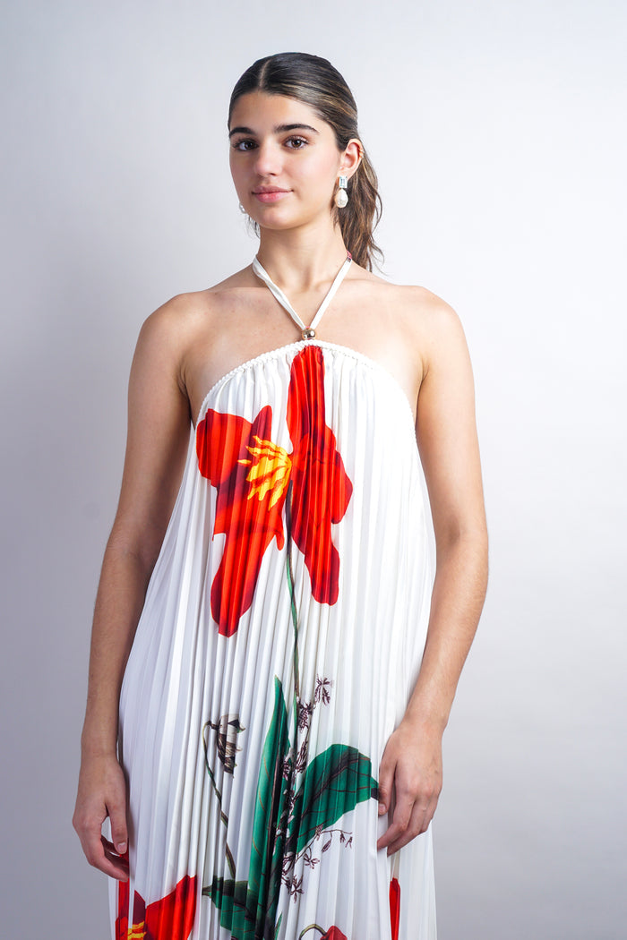 Off White Printed Braid String Halter Pleated Dress