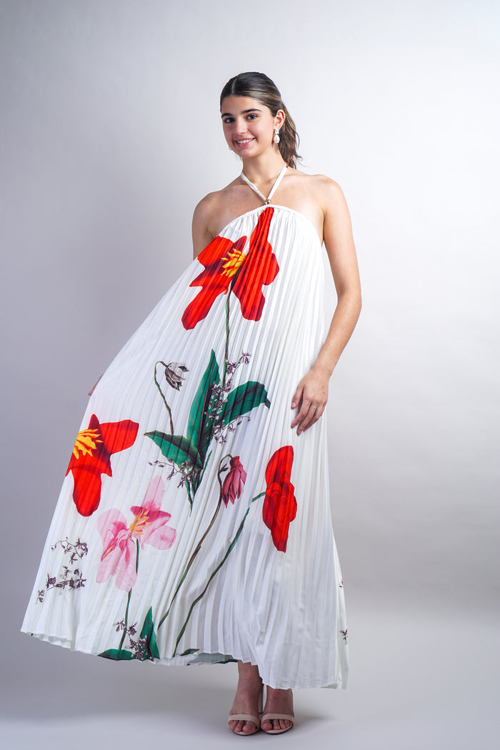Off White Printed Braid String Halter Pleated Dress