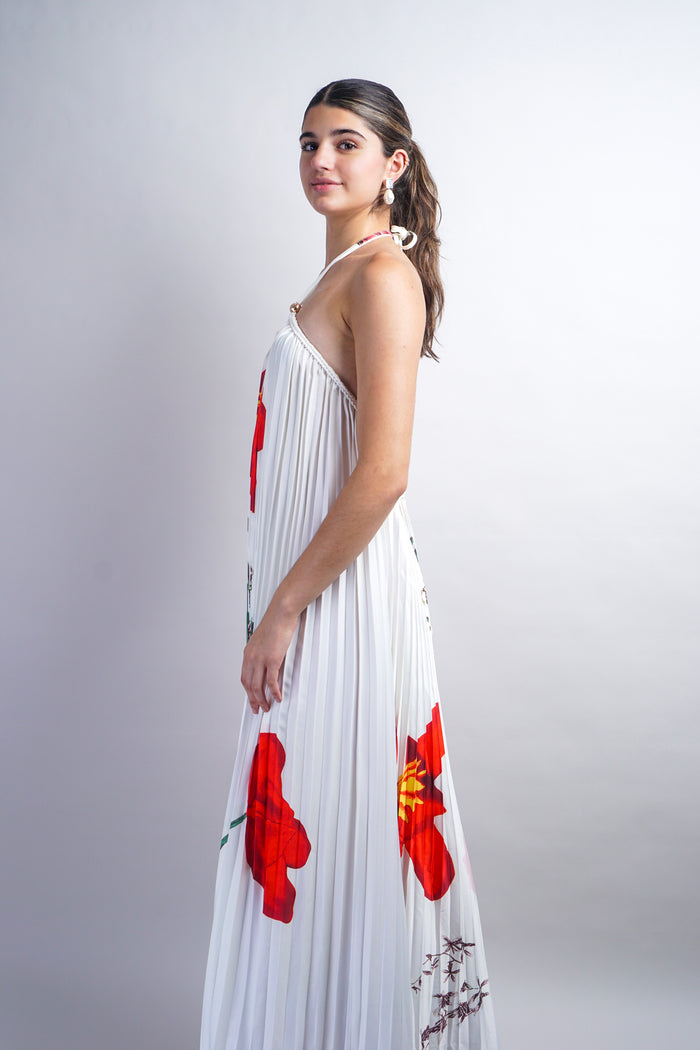 Off White Printed Braid String Halter Pleated Dress