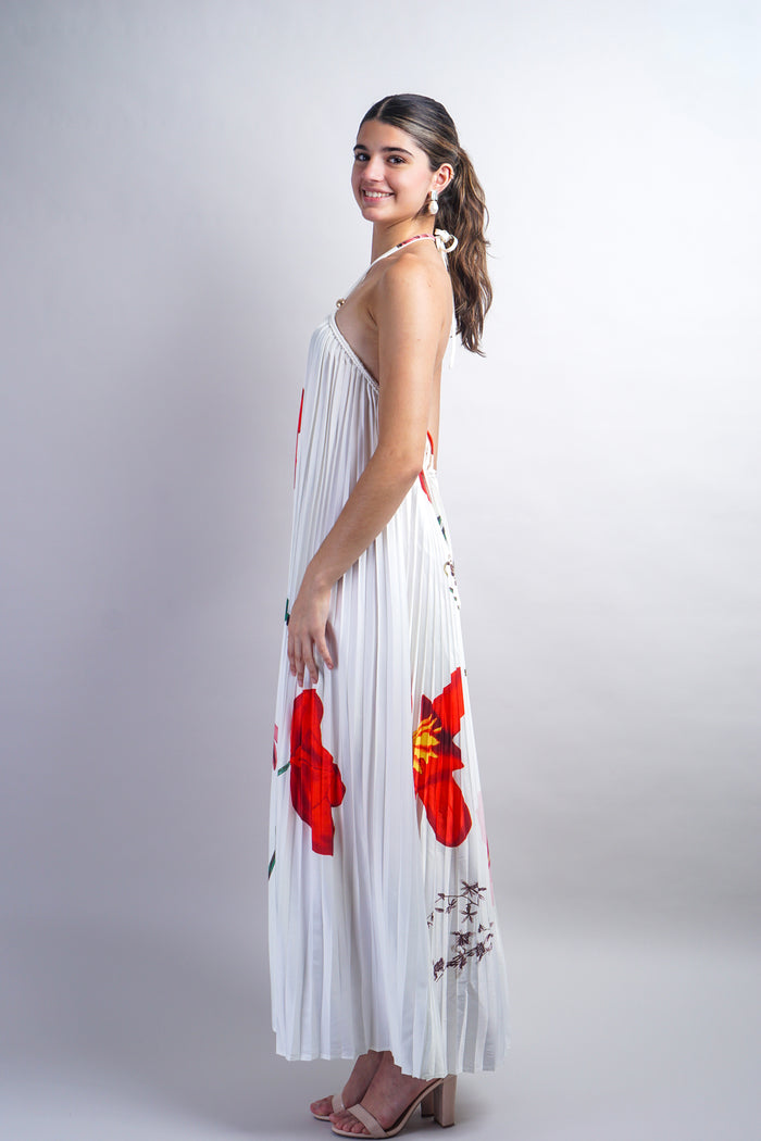 Off White Printed Braid String Halter Pleated Dress