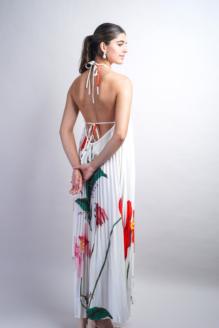 Off White Printed Braid String Halter Pleated Dress
