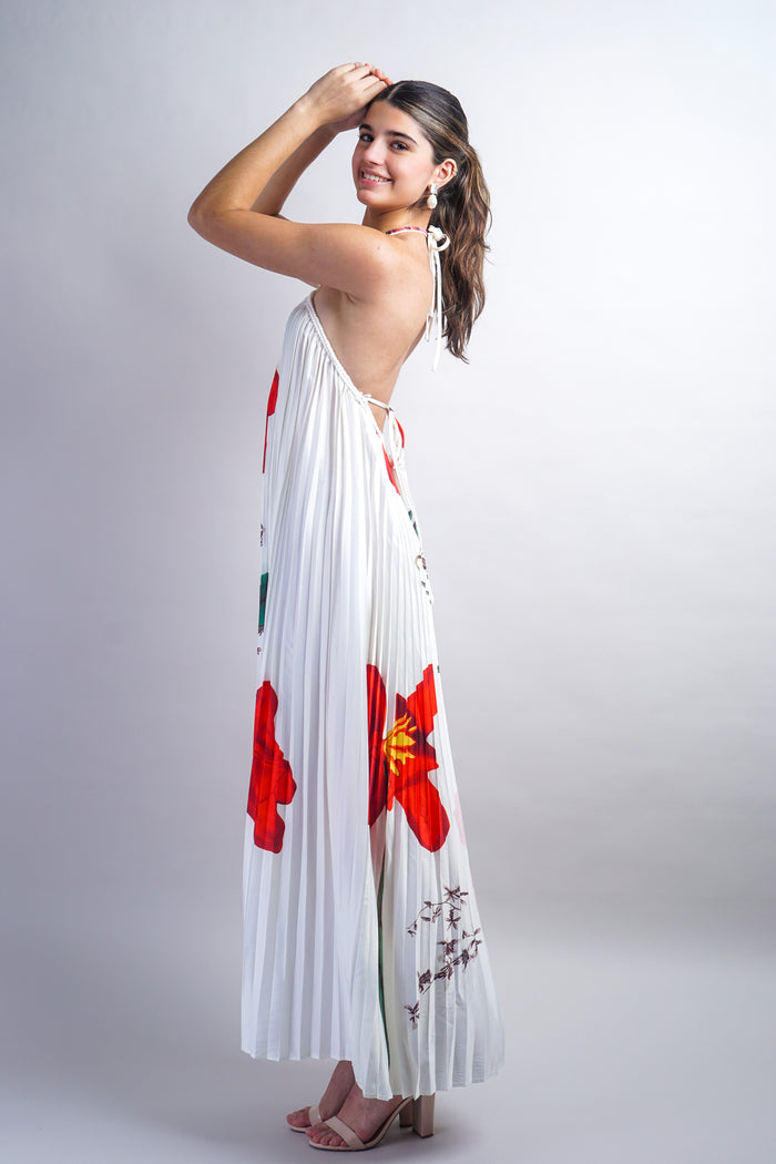 Off White Printed Braid String Halter Pleated Dress
