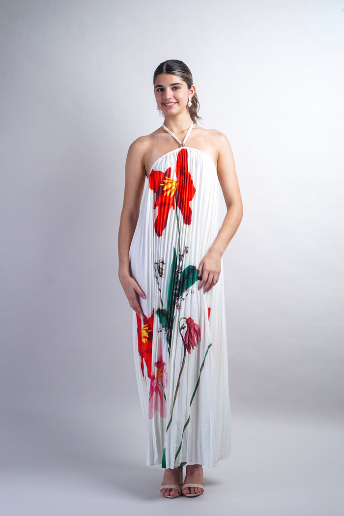 Off White Printed Braid String Halter Pleated Dress