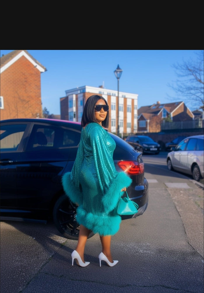 Woman in a turquoise dress ready for a formal event