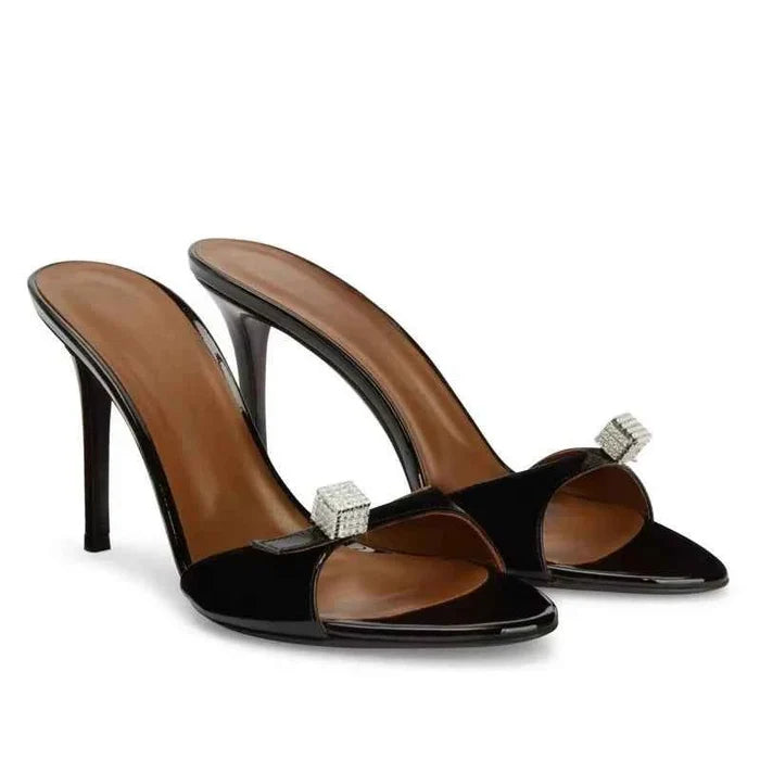 One-word with Rhinestone Pointed Half-tow High-heeled Sandals