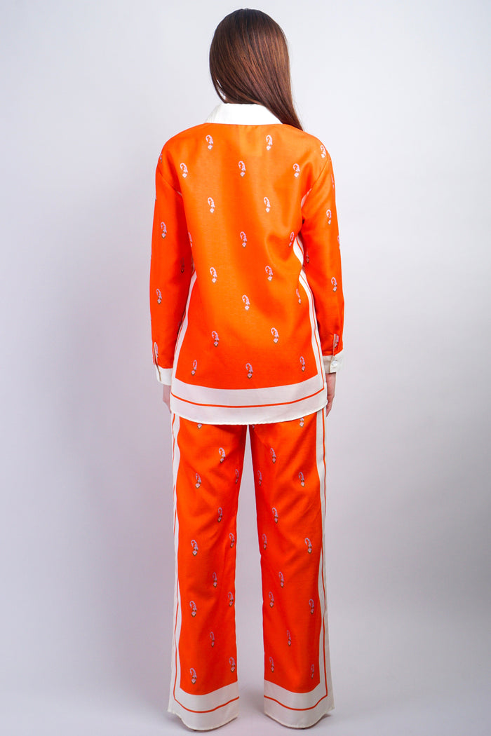 DCD SETS Collared Orange Print Pant Set