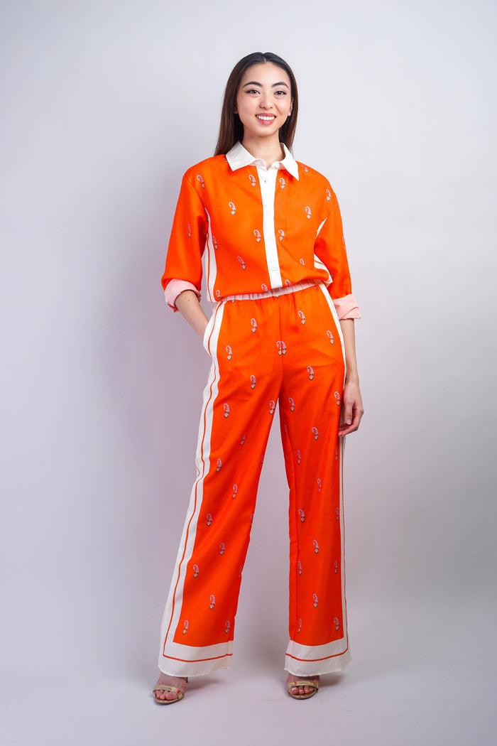DCD SETS Collared Orange Print Pant Set