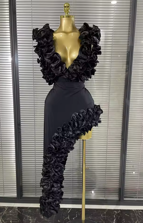 Oreana Ruffle V Neck Bodycon Bodysuit Two Piece Dress Set