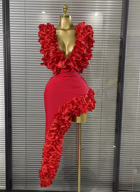 Oreana Ruffle V Neck Bodycon Bodysuit Two Piece Dress Set