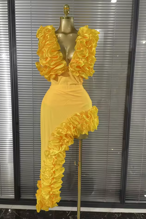 Oreana Ruffle V Neck Bodycon Bodysuit Two Piece Dress Set