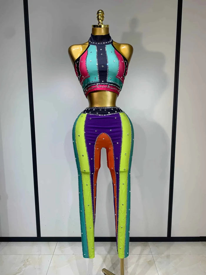 Pamela Sparkly Rhinestones Colorful Top and Pants Two-Piece Set