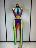 Pamela Sparkly Rhinestones Colorful Top and Pants Two-Piece Set
