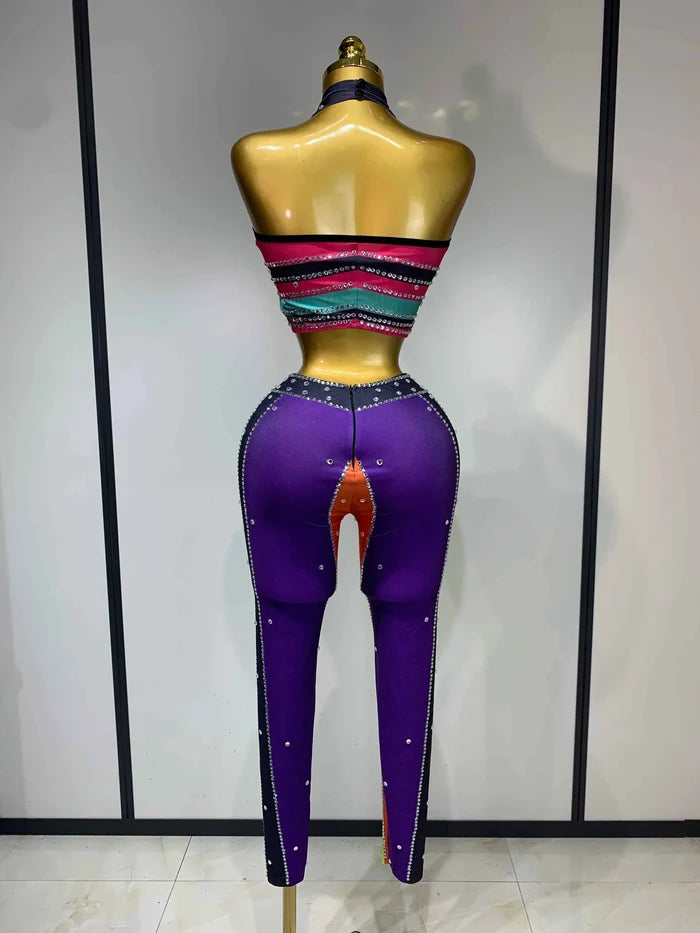 Pamela Sparkly Rhinestones Colorful Top and Pants Two-Piece Set