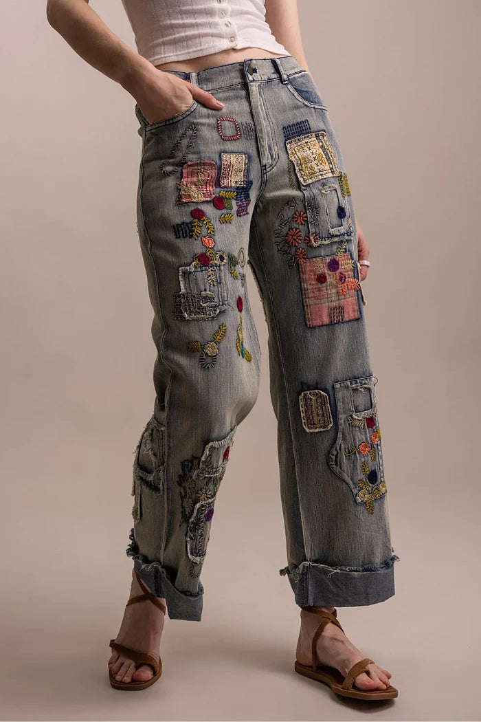 PATCHWORK EMBROIDERED WIDE LEG DENIM PANTS
