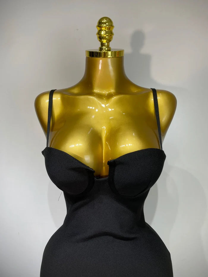 Patricia backless halter black midi bandage dress for women. Elegant bodycon outfit for cocktails, parties, and evening events.