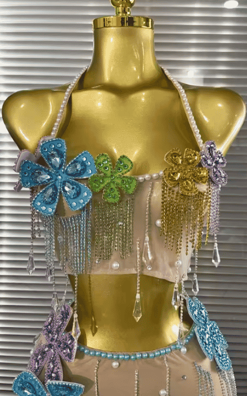 Shine in the Patti colorful rhinestone and pearl two-piece set with a sheer top and mini skirt. Perfect for parties, birthdays, and nightlife.