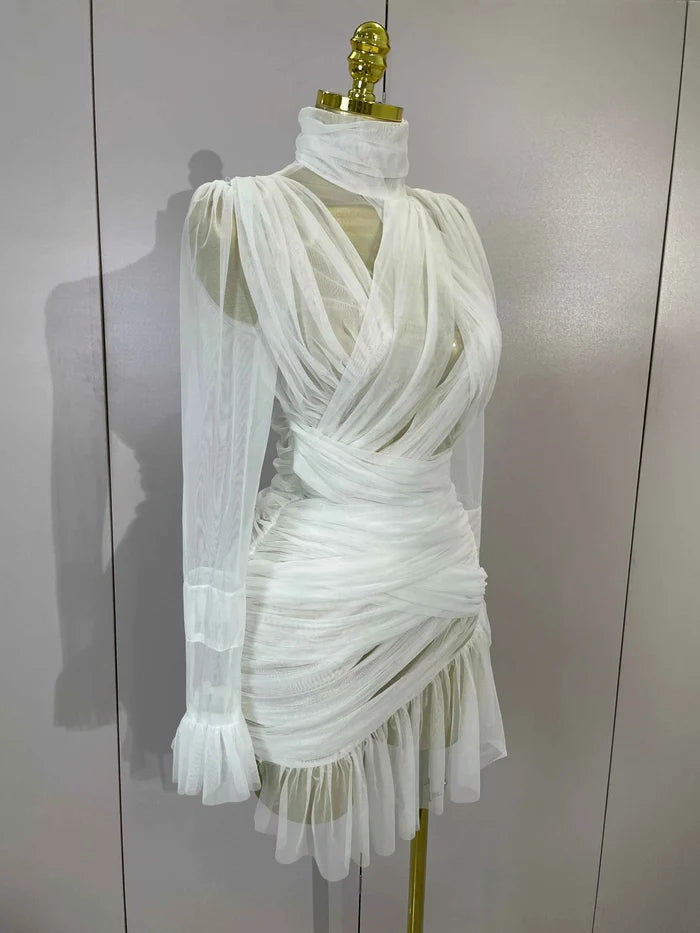 Paula White High Collar Mesh Ruffle Long Sleeve Mini Dress