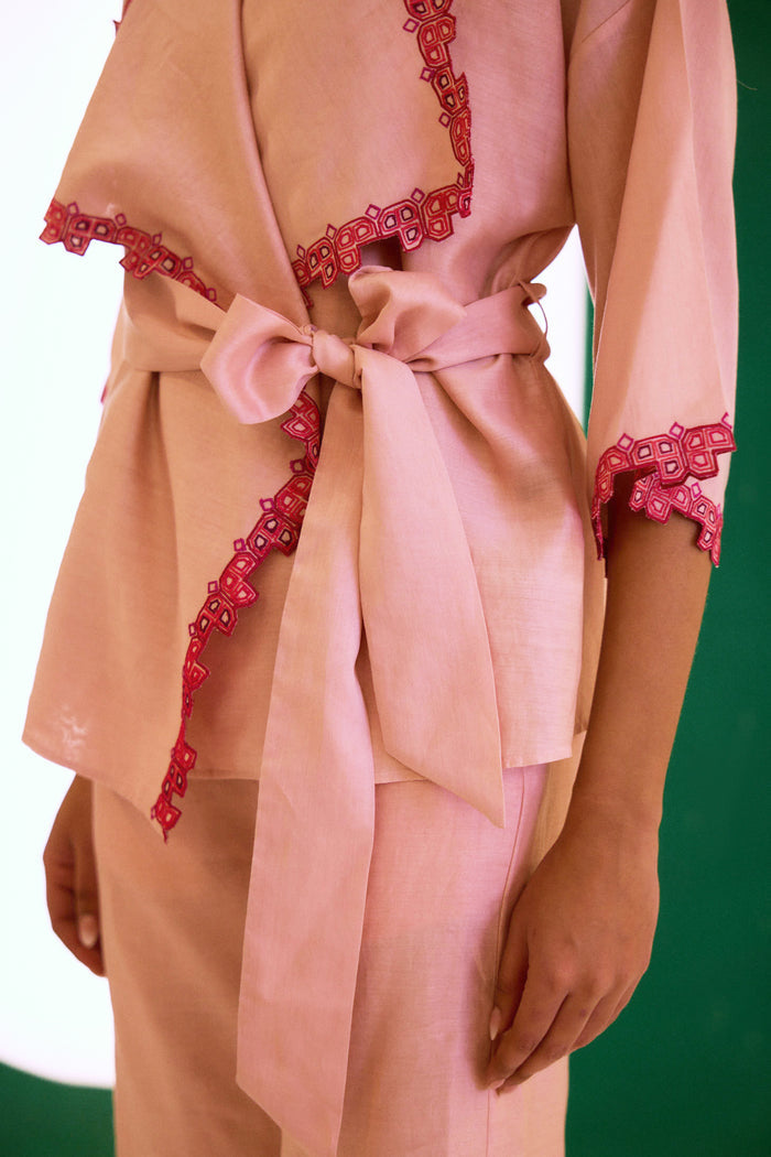 Peach Chanderi Embroidered Cape Set
