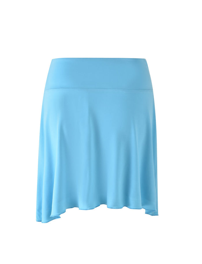 The PEARL SKIRT in SKY BLUE by TIGERMIST features an A-line cut with a wide, smooth waistband and a gently flowing hem. This simple yet elegant skirt is made from soft, slightly shiny fabric and showcases a light blue hue.