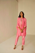 Pink-Bat Sleeves Embroidered Shibori Shirt And Pant Set, BeTrue, Be True