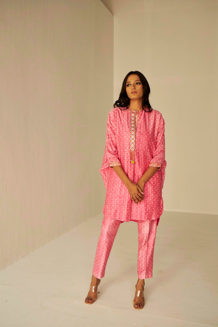 Pink-Bat Sleeves Embroidered Shibori Shirt And Pant Set, BeTrue, Be True