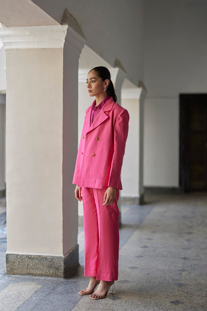 Pink Coronation Linen Jacket Set, Front open with double breasted style, Jacket has four handmade colourful hand embroidered buttons, BeTrue, Be True