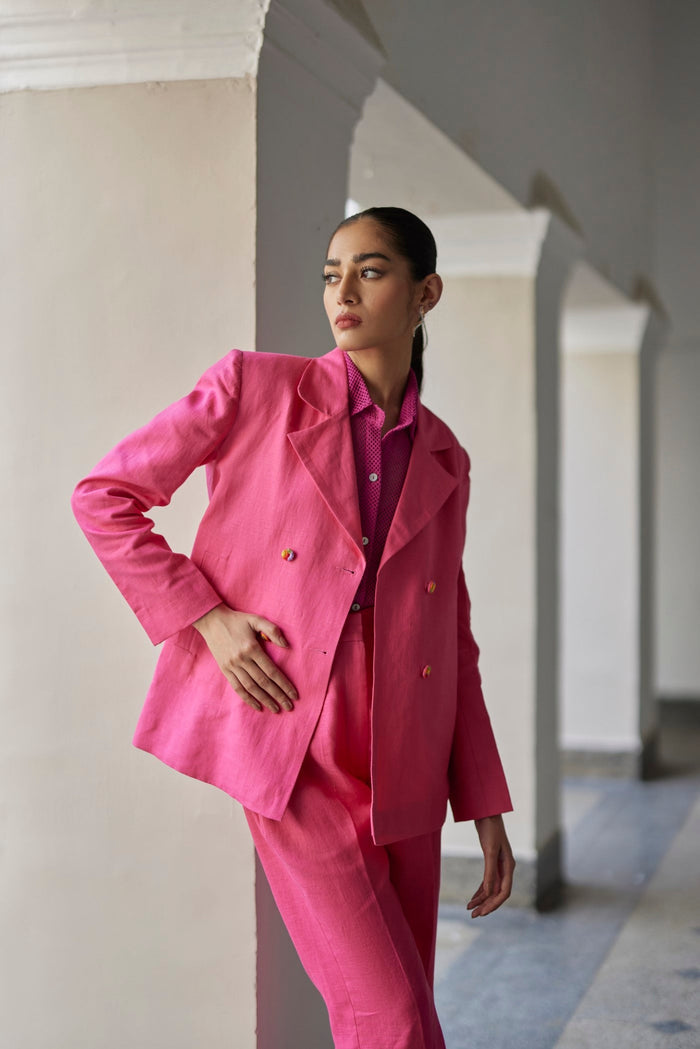 Pink Coronation Linen Jacket Set, Front open with double breasted style, Jacket has four handmade colourful hand embroidered buttons, BeTrue, Be True