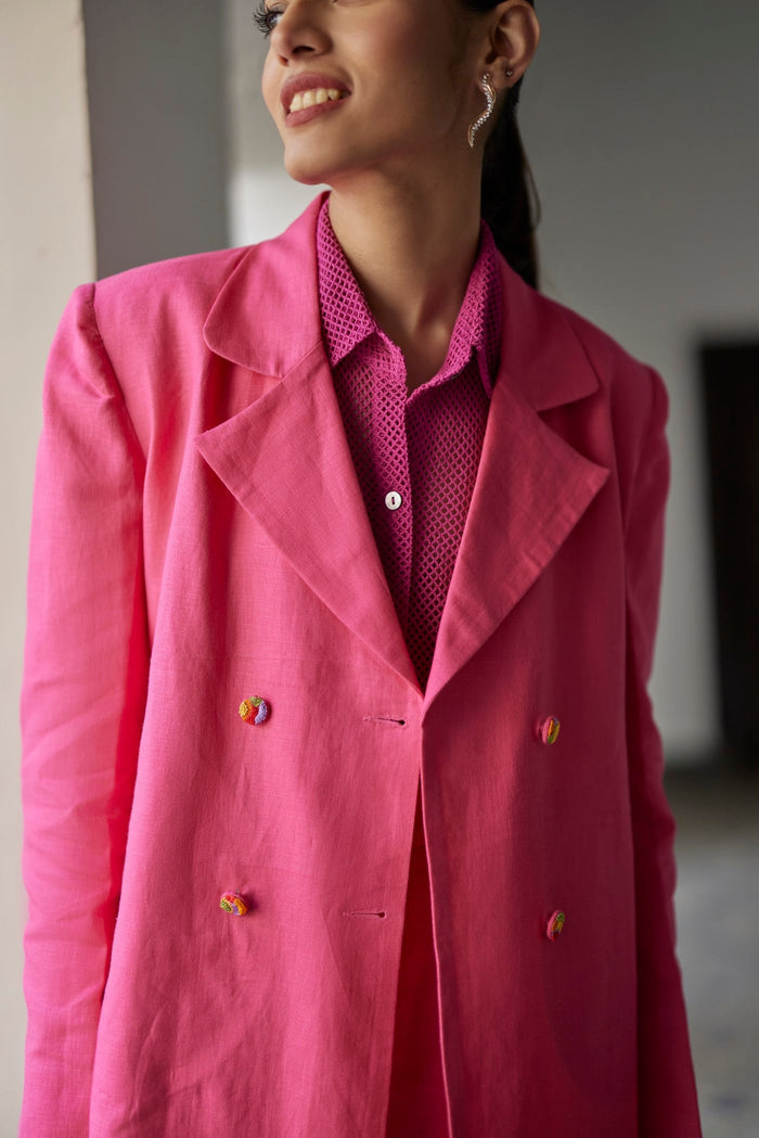 Pink Coronation Linen Jacket Set, Front open with double breasted style, Jacket has four handmade colourful hand embroidered buttons, BeTrue, Be True