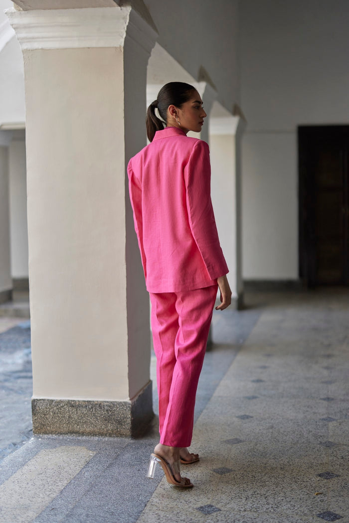 Pink Coronation Linen Jacket Set, Front open with double breasted style, Jacket has four handmade colourful hand embroidered buttons, BeTrue, Be True