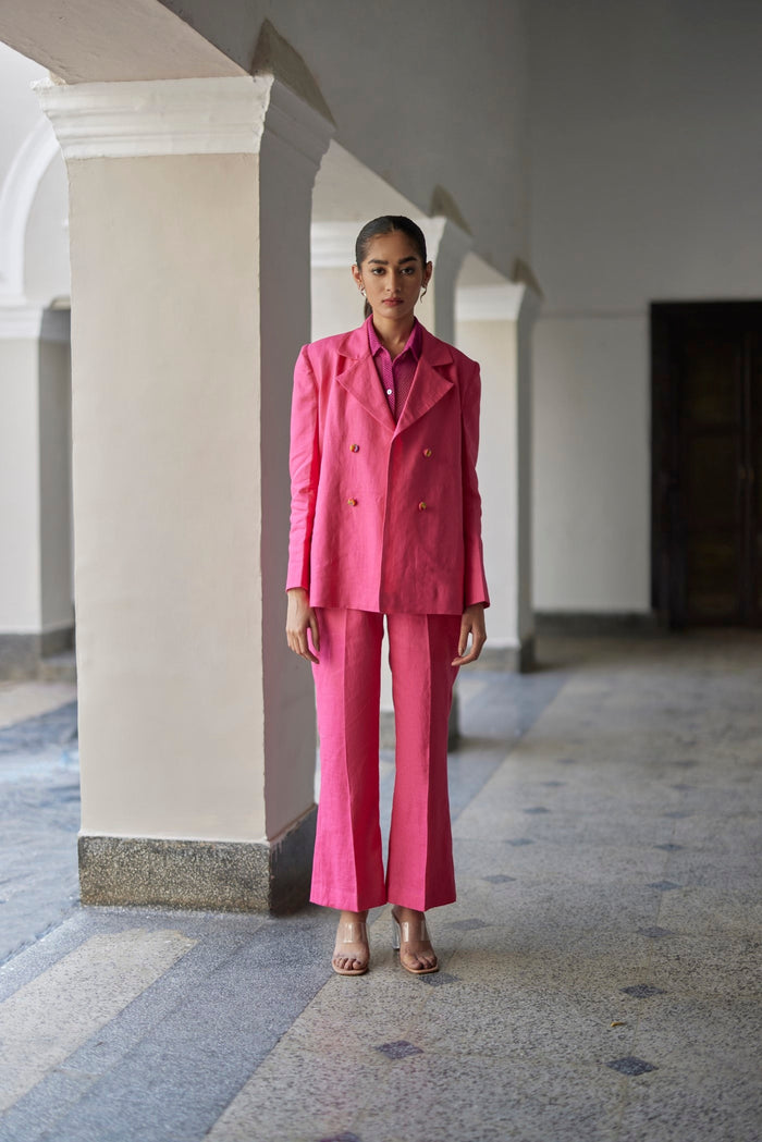 Pink Coronation Linen Jacket Set, Front open with double breasted style, Jacket has four handmade colourful hand embroidered buttons, BeTrue, Be True