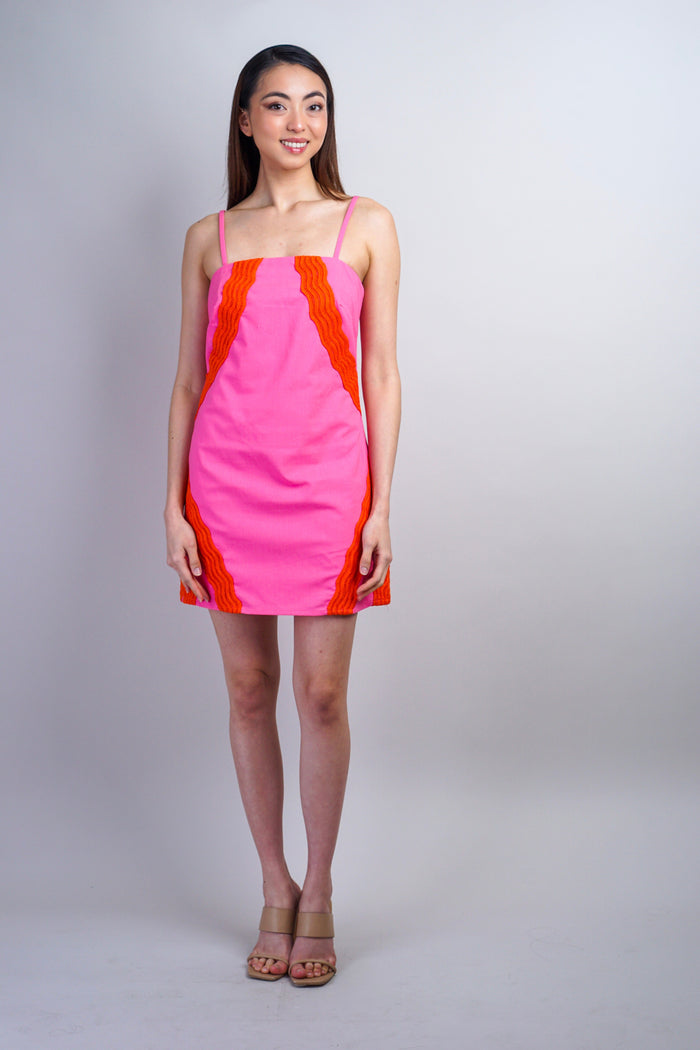 Private Label DRESSES Pink & Orange Wavy Lace Trim Linen Mini Dress