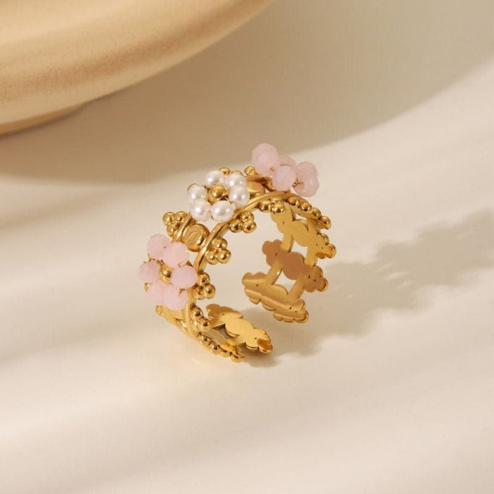 Private Label RINGS Pink Stainless Steel Beaded Flower Ring
