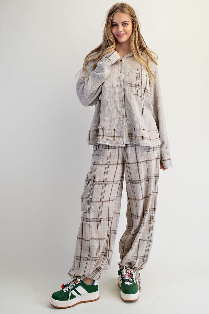 PLAID WASHED COTTON GAUZE PULLOVER HOODIE