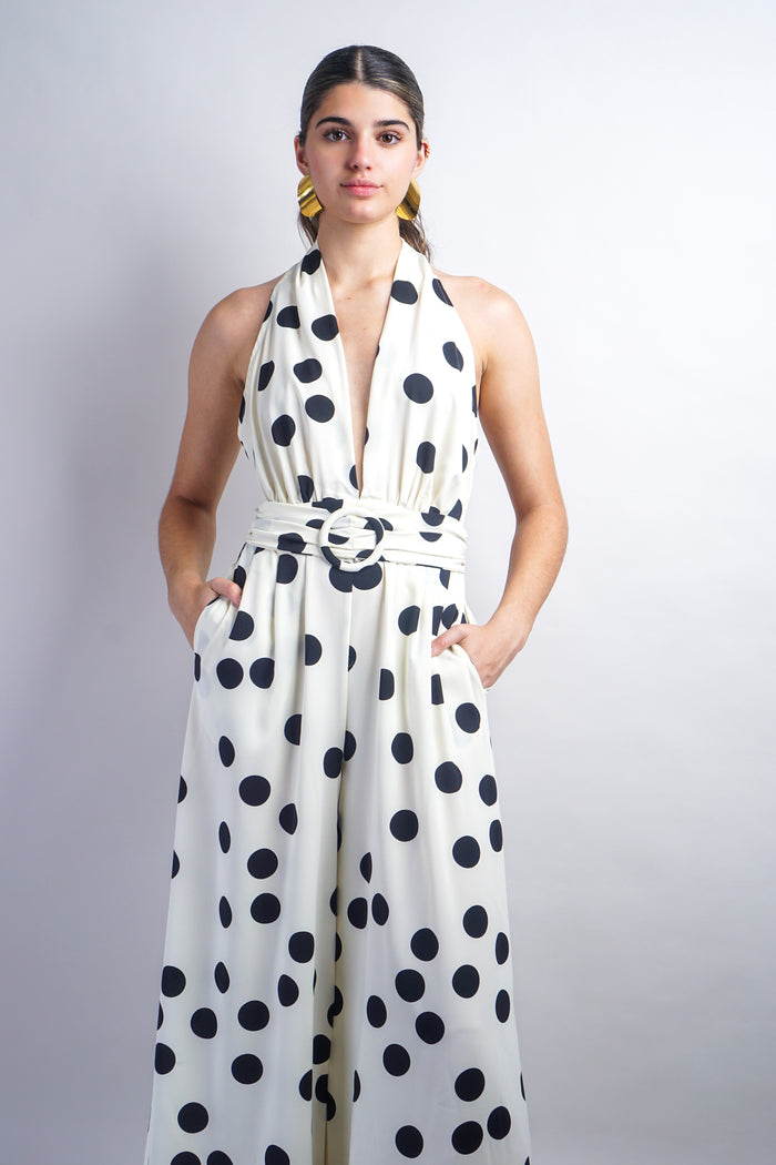 Polka Dot Halter Neck Waist Belt Jumpsuit
