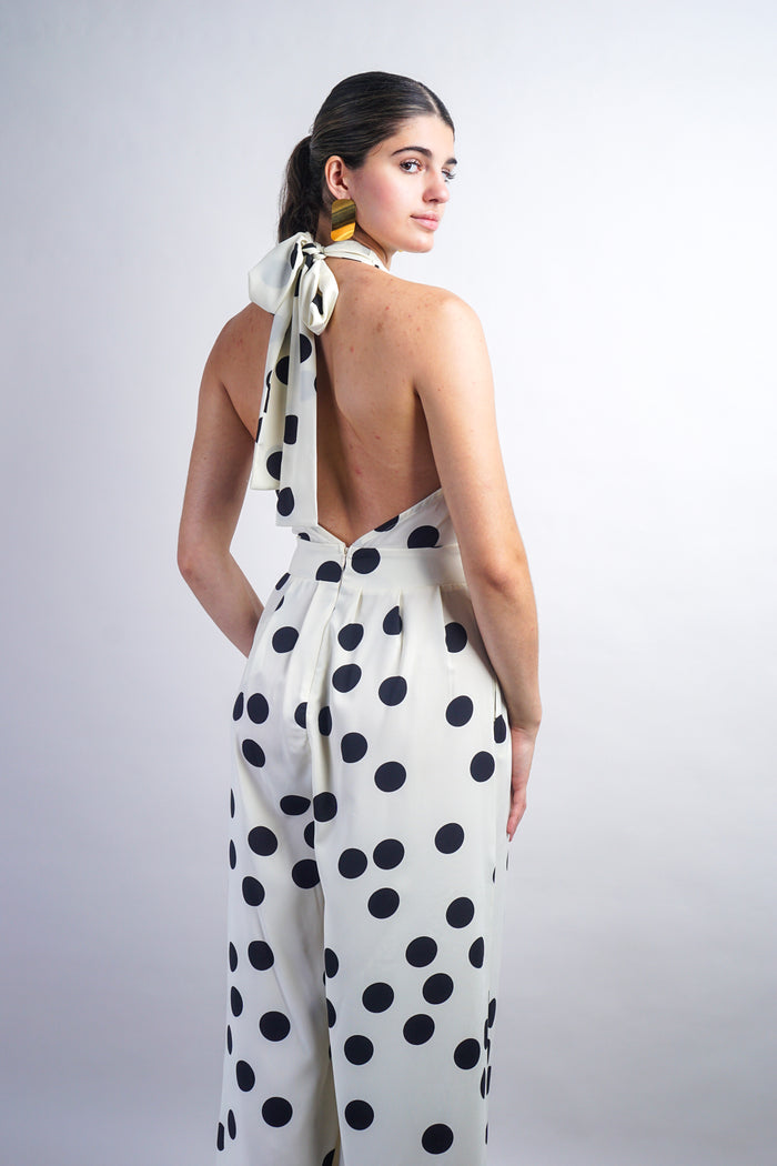 Polka Dot Halter Neck Waist Belt Jumpsuit