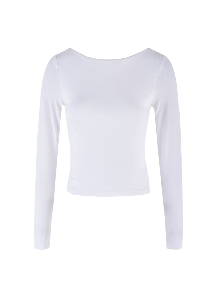 The QUINNELL TOP - WHITE from TIGERMIST, a sleek long-sleeve, scoop-neck top with a fitted style, is displayed against a white background.
