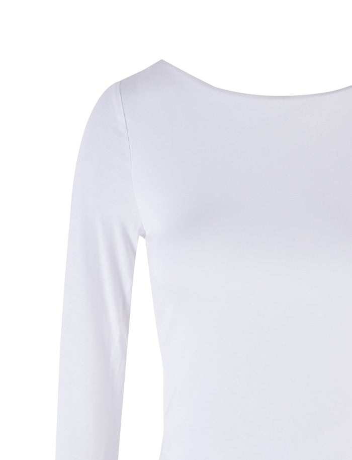 A close-up image of the Quinnell Top - White by TIGERMIST, featuring a round neckline. The fabric appears smooth and slightly fitted. Only the upper portion of the shirt and part of the right sleeve are visible against a plain white background.