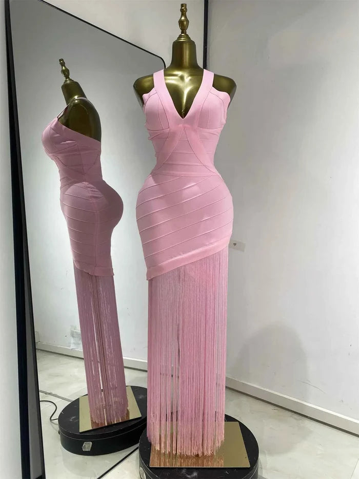 Raelynn Baby Pink Fringed Bandage Bodycon Dress V-Neck